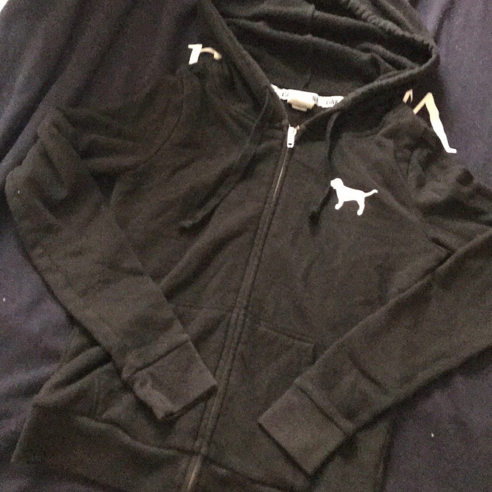 PINK black zip up sweatshirt with design on back